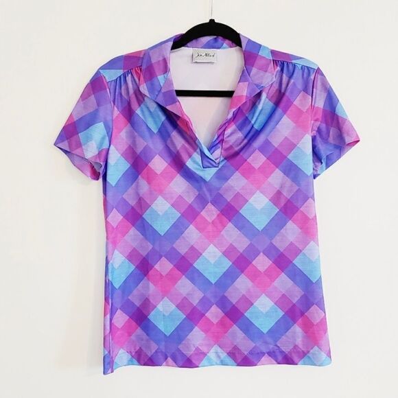 Vintage 70s Argyle Plaid Short Sleeve Blouse Medium Magenta, Bubblegum Pink - Picture 2 of 15